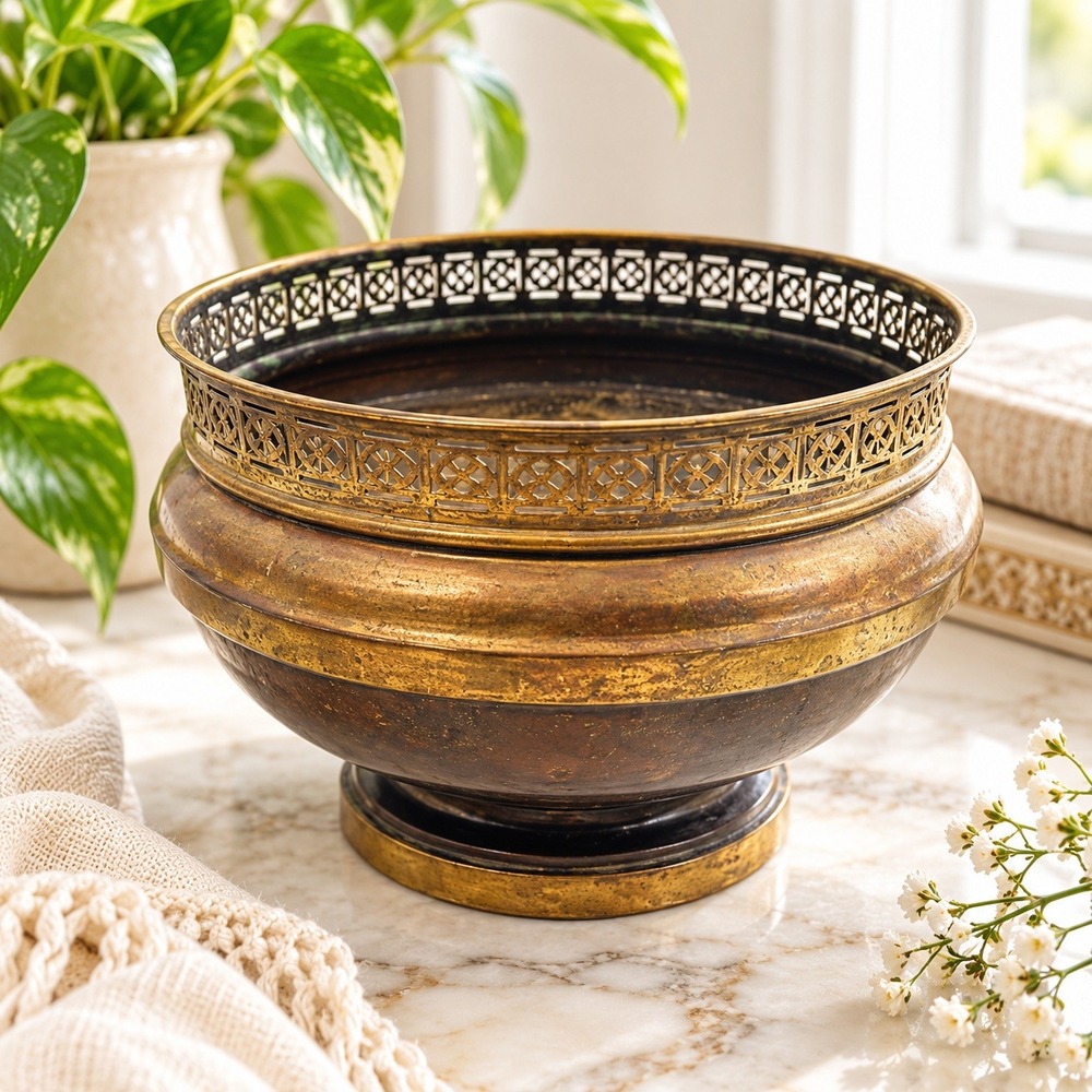 Antique Brass Copper Pedestal Bowl Pierced Reticulated Rim Footed Centerpiece